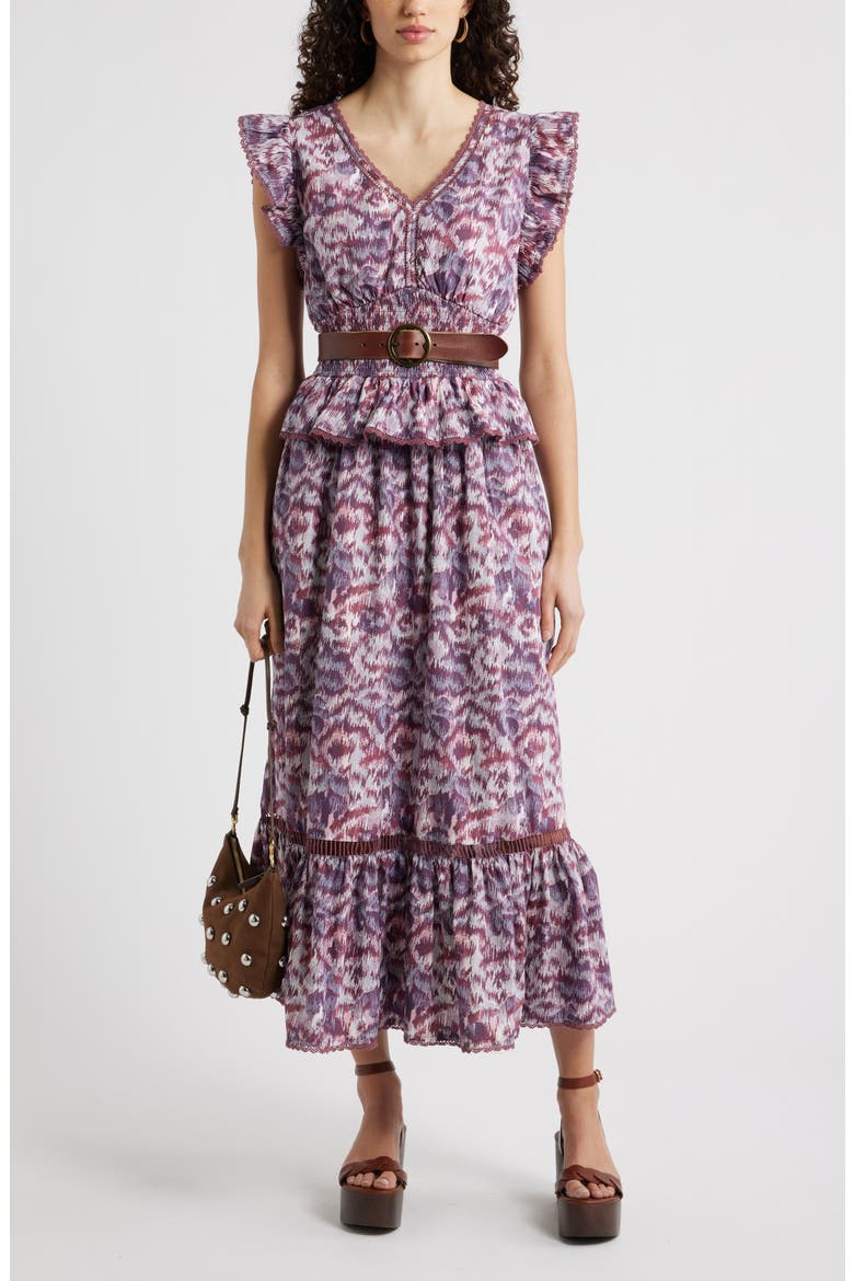 Floral Flutter Sleeve Peplum Dress, Alternate, color, PINK- BLUE DAISY TAPESTRY