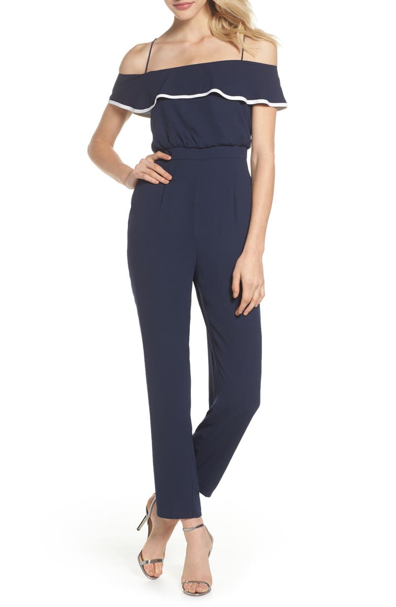 Vince Camuto Ruffle Off the Shoulder Jumpsuit, Main, color,