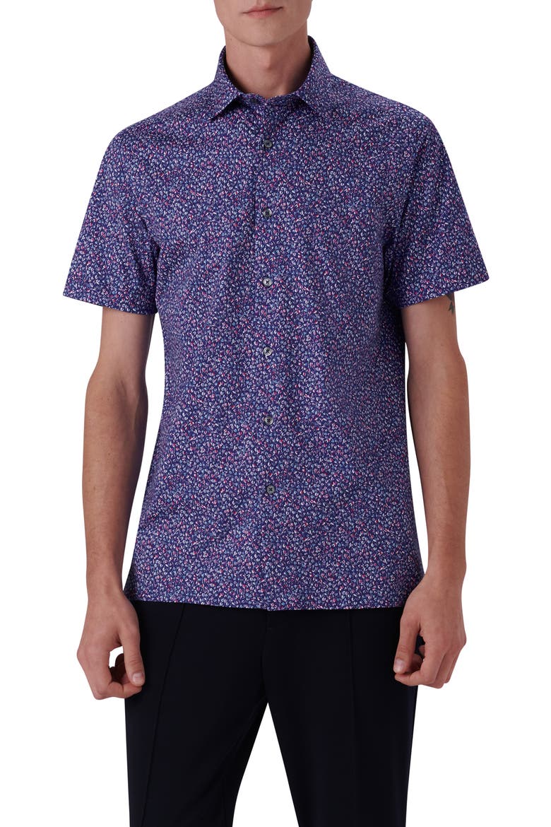 OoohCotton® Floral Short Sleeve Button-Up Shirt, Main, color, NAVY