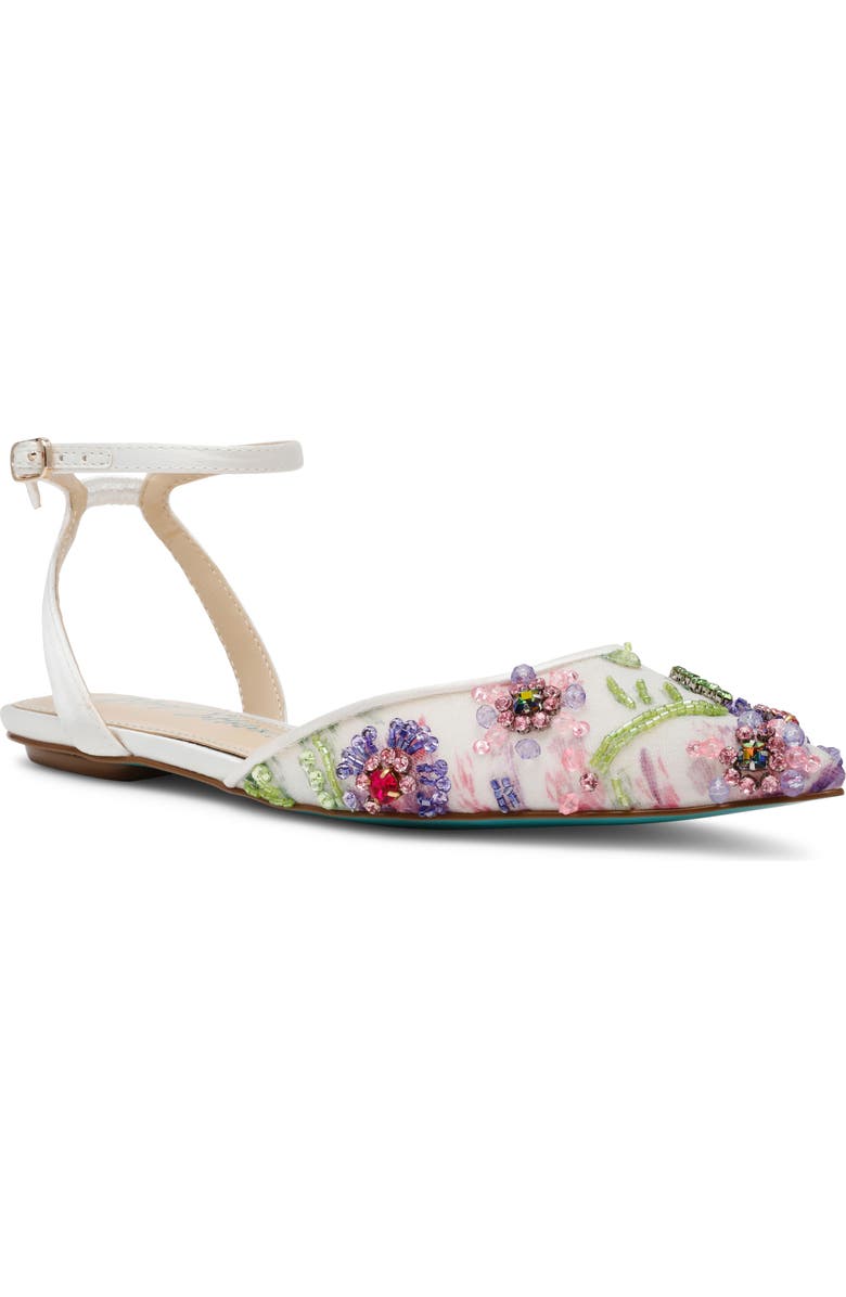 Betsey Johnson Garbo Pointed Toe Ankle Strap Flat, Main, color,