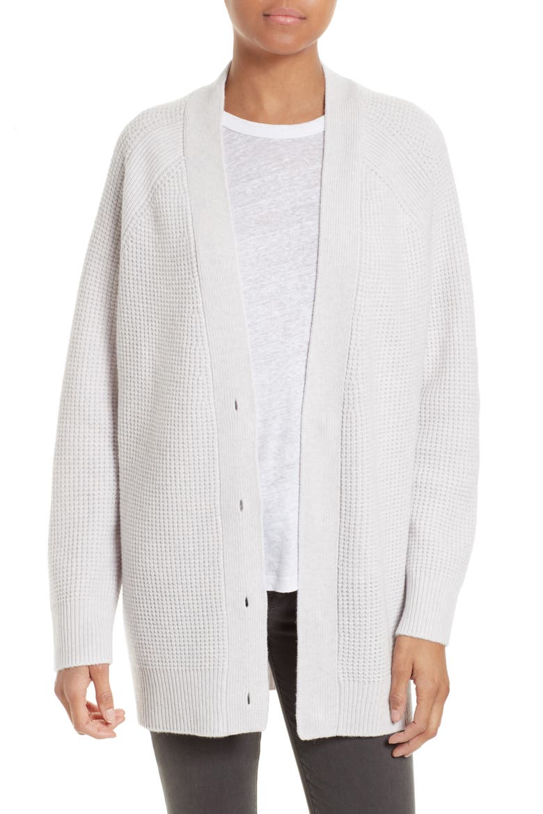 Waffle Stitch Boyfriend Cardigan, Main, color, HEATHER WHITE
