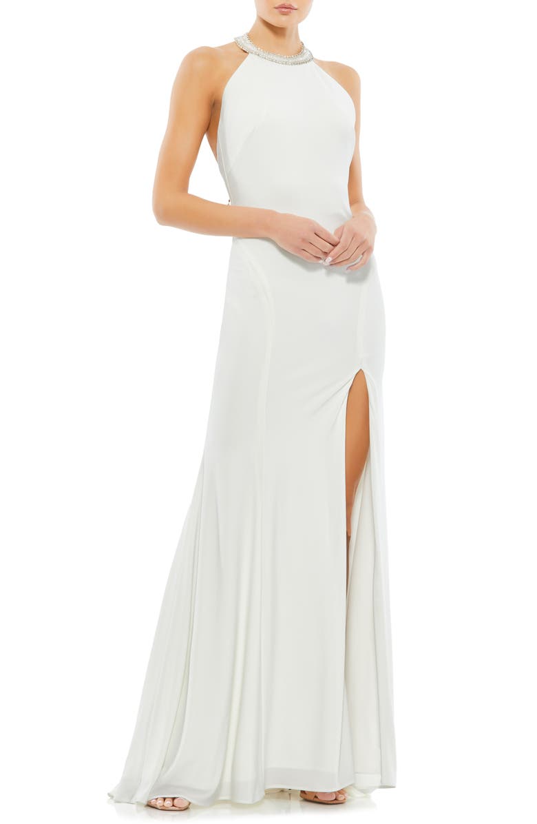 Ieena for Mac Duggal Mac Duggal Beaded Halter Neck Gown, Main, color, 