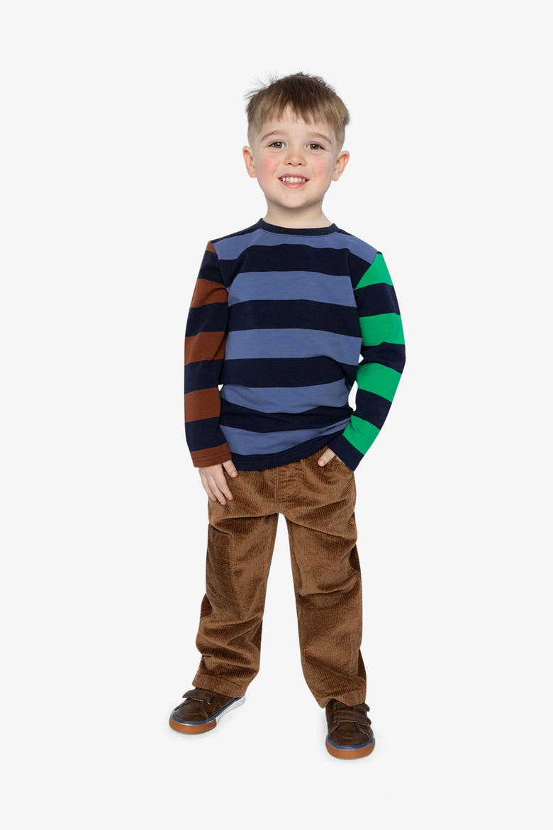 Cotton Large Striped Long Contrasting Sleeve T-Shirt, Alternate, color, Blue, Green and Brown Stripes