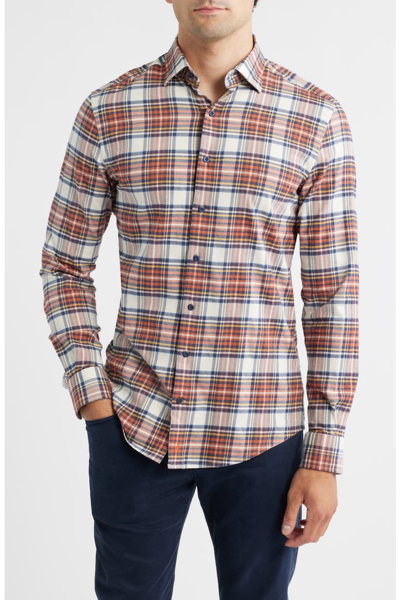 Knick Plaid Stretch Cotton-Blend Flannel Button-Up Shirt, Main, color, PUMPKIN