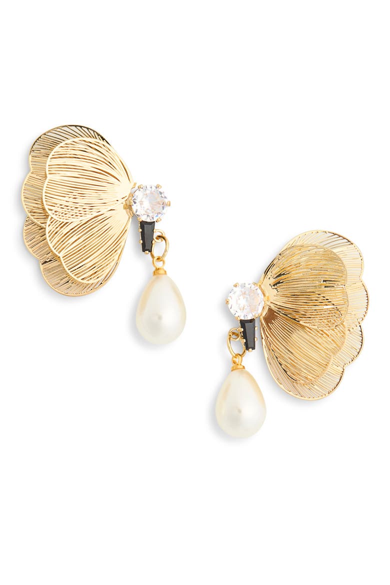 Frances Butterfly Faux Pearl Drop Earrings, Main, color, GOLD