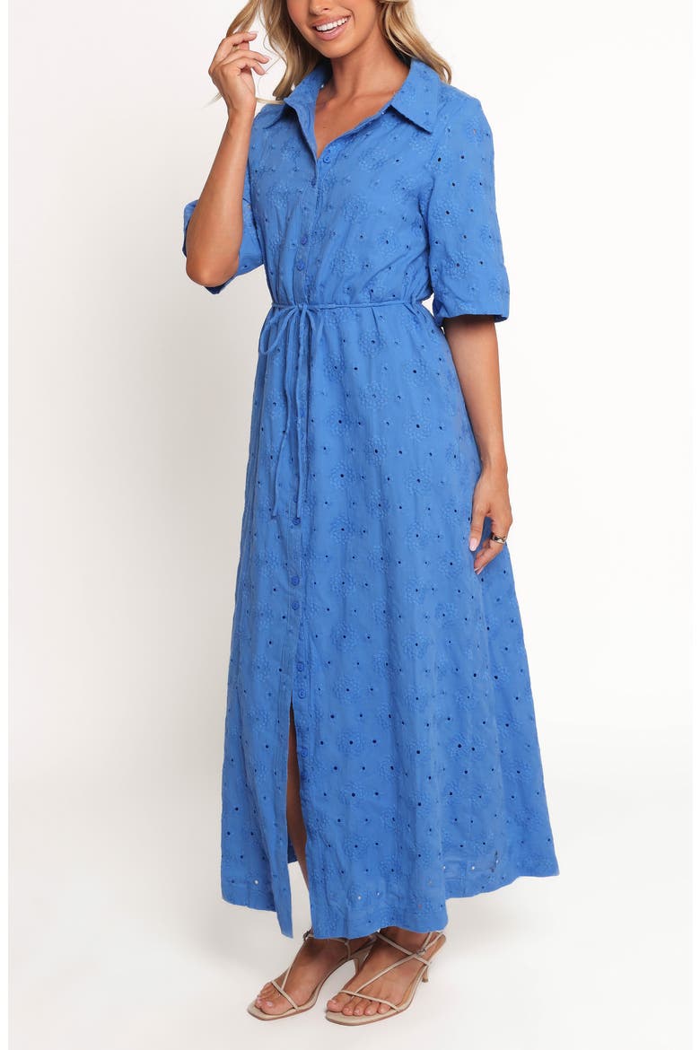 Cooper Embroidered Tie Waist Maxi Shirtdress, Alternate, color, COBALT