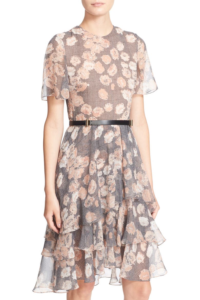 Floral & Glen Plaid Silk Chiffon Tiered Dress, Alternate, color, FAWN MULTI