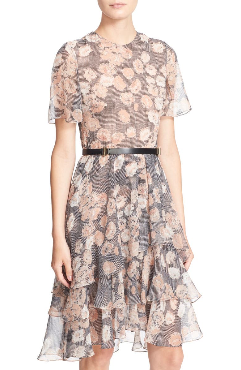 JASON WU Floral & Glen Plaid Silk Chiffon Tiered Dress, Alternate, color, 
