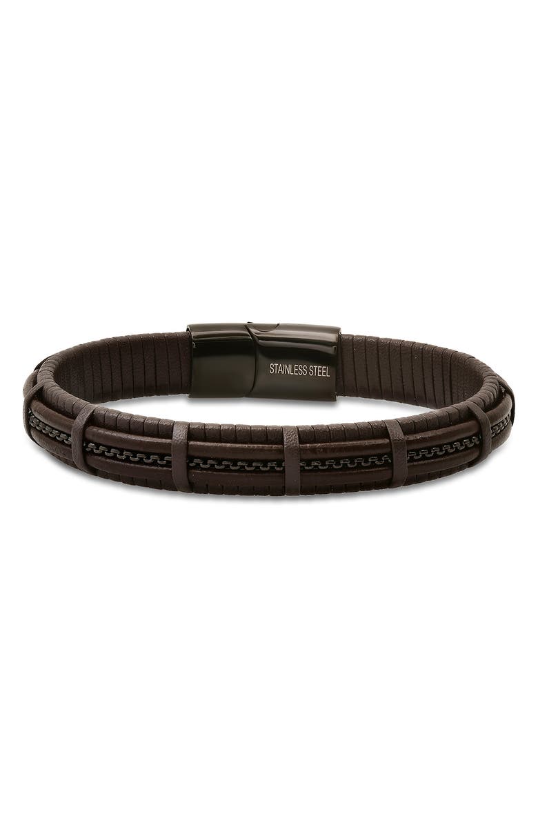 HMY JEWELRY Men's Leather & Stainless Steel Bracelet, Main, color, 