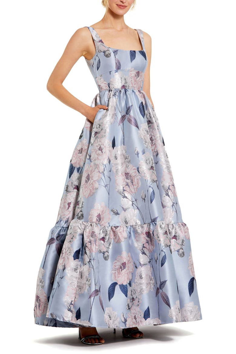 Women's Floral Brocade Scoop Neck Sleeveless A-Line Gown, Main, color, Blue Multi