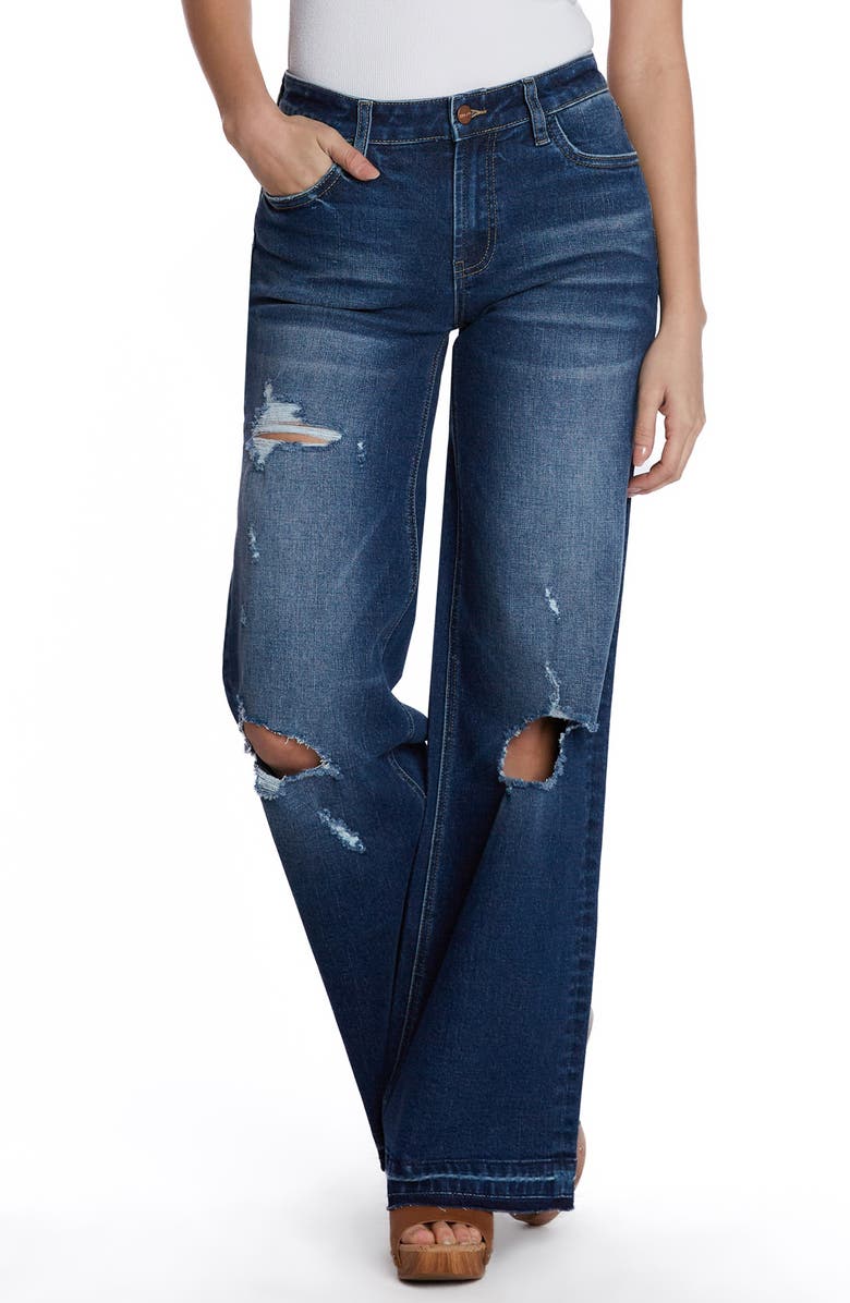 HINT OF BLU Deconstructed Wide Leg Jeans, Main, color, Ripped Blue