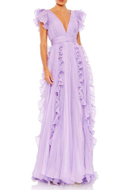 Pleated Ruffle Cap Sleeve Flowy A Line Gown