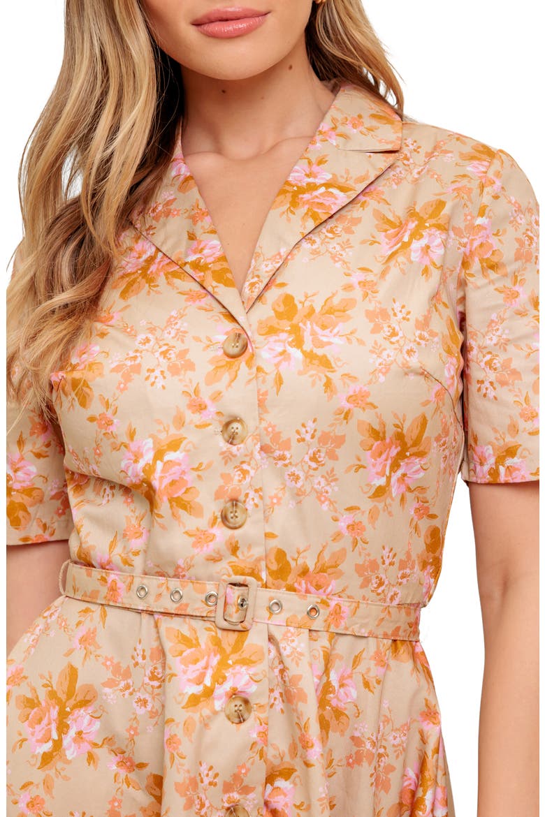 Floral Short Sleeve Fit & Flare Shirtdress, Alternate, color, TAUPE
