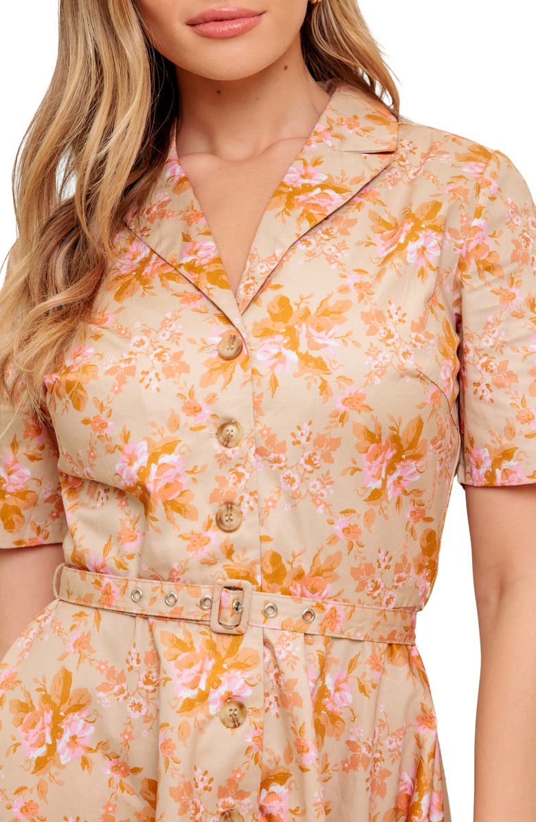 FLYING TOMATO Floral Short Sleeve Fit & Flare Shirtdress, Alternate, color, Taupe