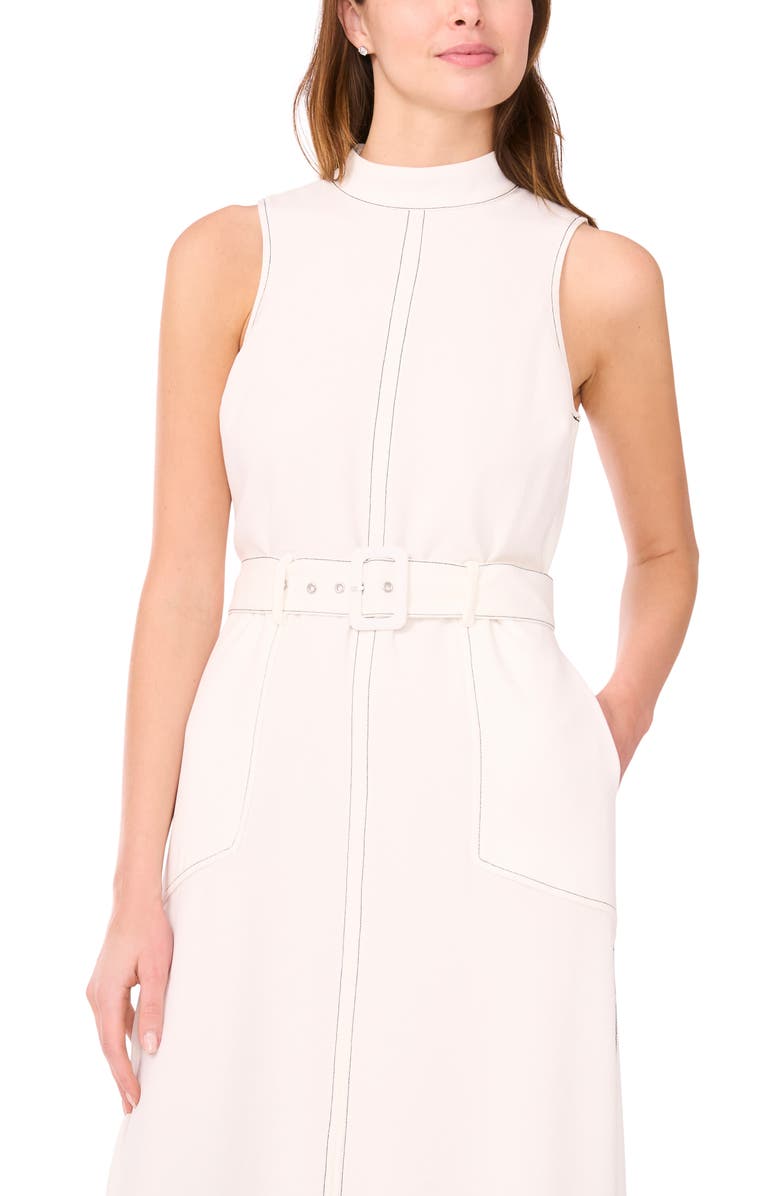 Topstitched Mock Neck Midi Dress