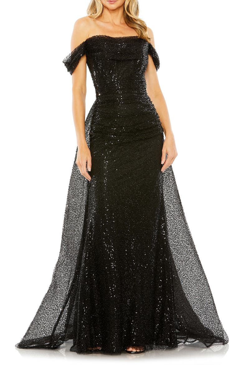 Off the Shoulder Sequin Panel Train Gown, Main, color, BLACK