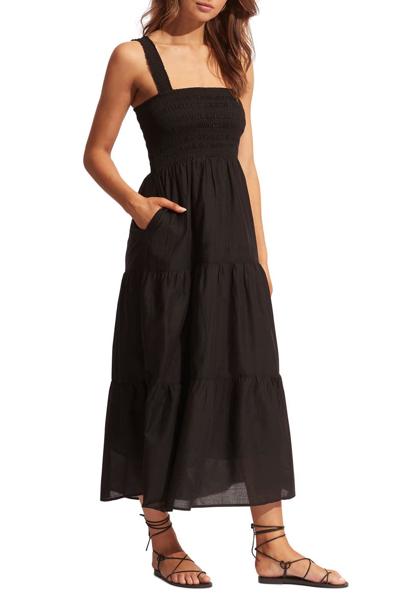 Beach House Smocked Cotton Cover-Up Dress, Main, color, BLACK