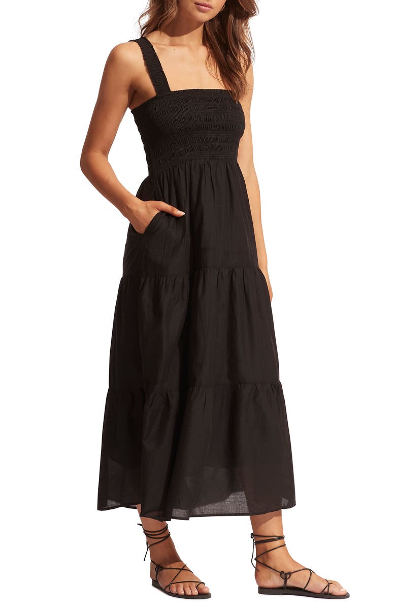 Seafolly Faithful Cover-Up Midi Sundress, Main, color, Black