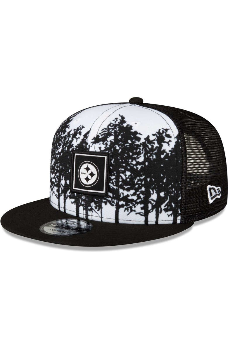 New Era Men's New Era White/Black Pittsburgh Steelers Landscape Trucker 9FIFTY Snapback Hat, Main, color, 