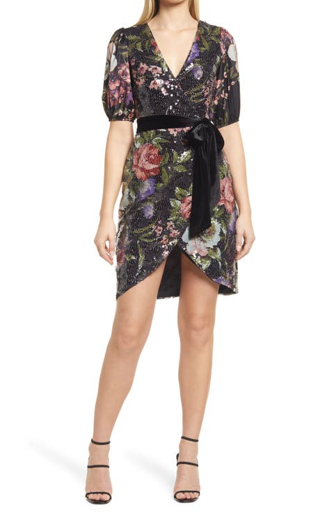 Floral Print Short Sleeve Sequin Dress