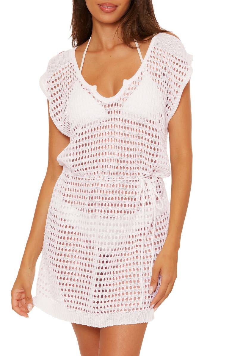Becca Playa Open Stitch Cover-Up Minidress, Main, color, White