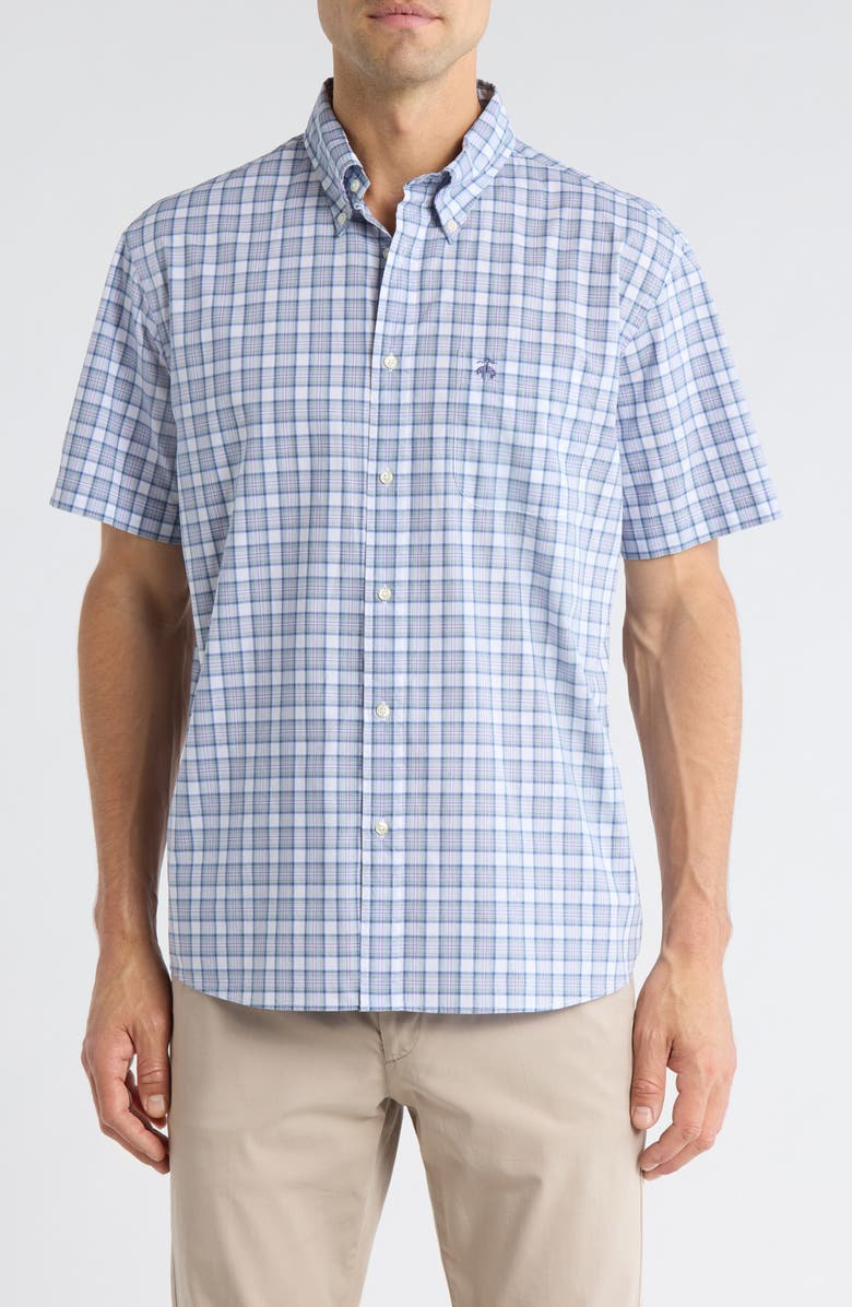 Brooks Brothers Sport Fit Plaid Short Sleeve Button-Down Shirt, Main, color, Aquifertartan