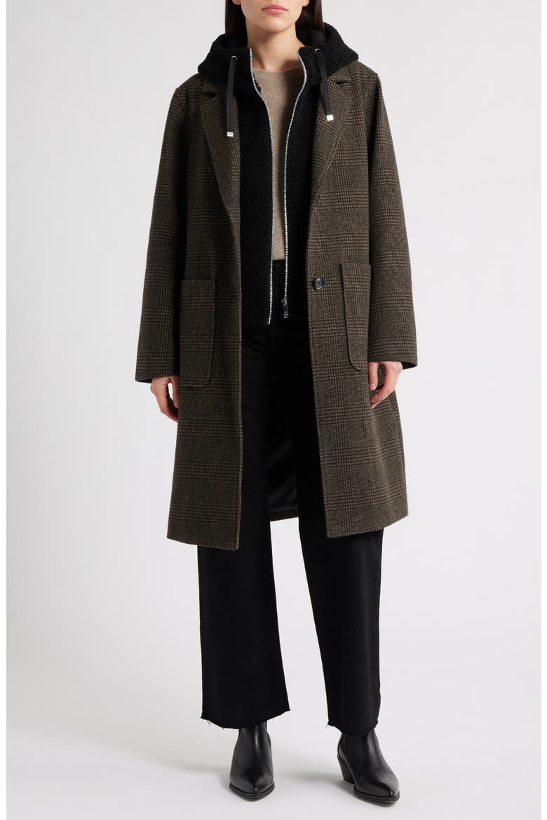 Longline Coat with Inset Faux Shearling Bib, Alternate, color, BROWN/ BLACK