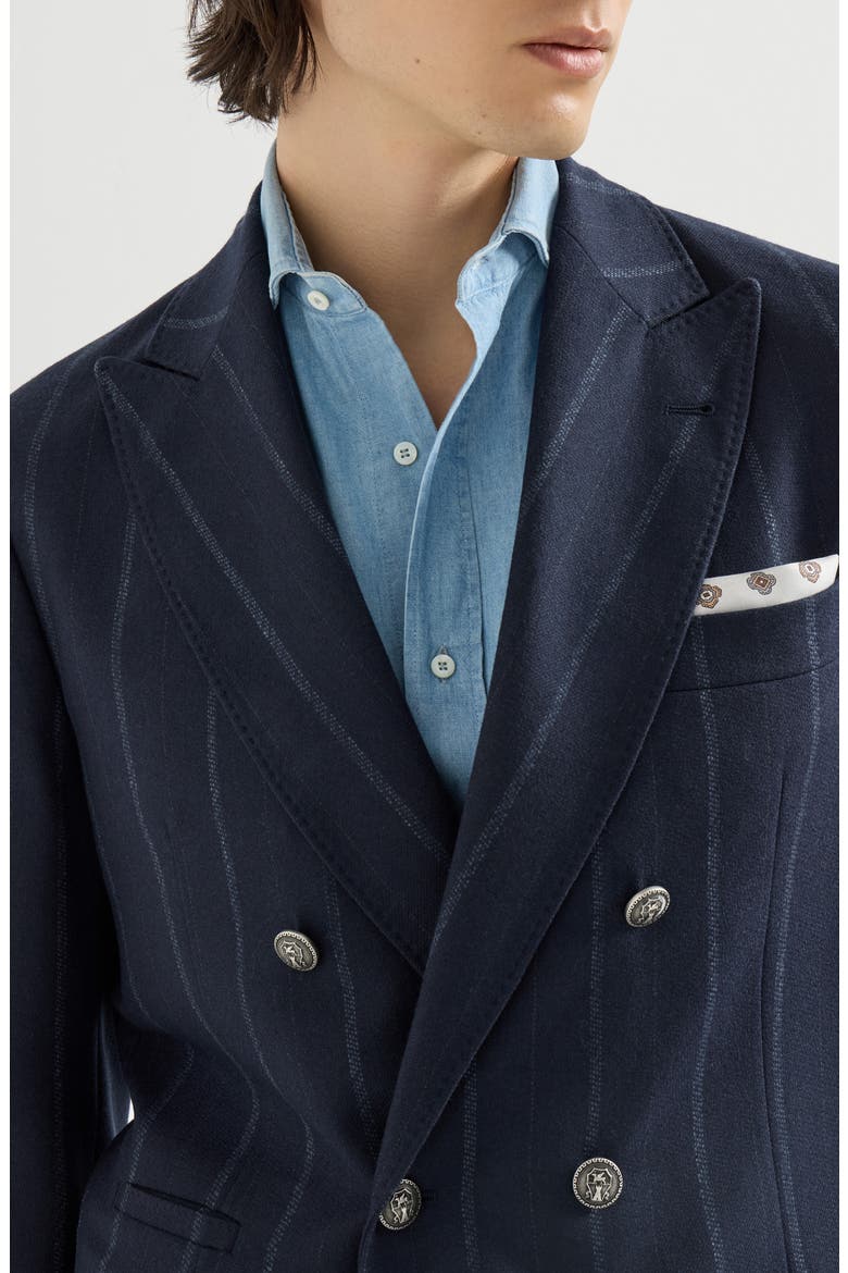 Cashmere and virgin wool multistripe twill one-and-a-half breasted deconstructed blazer with metal buttons, Alternate, color, Navy Blue