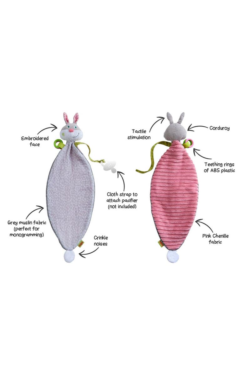 HABA Bunny Hops Baby Blanket and Crinkle Toys for New Baby Gifts and First Easter Gift Ideas, Pacifier Holder Rabbit Toys, Alternate, color, Multi