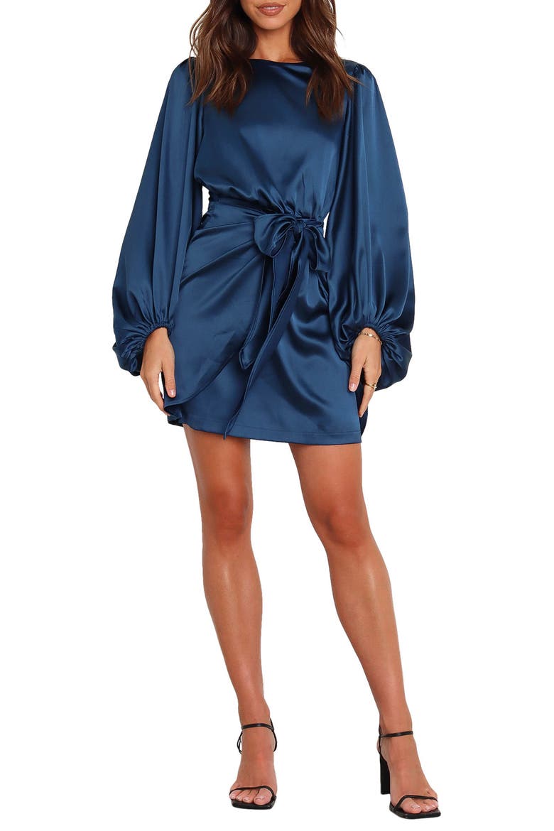 Opal Tie Waist Long Sleeve Satin Minidress, Main, color, NAVY