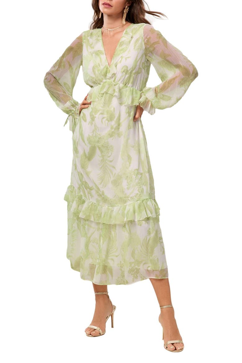Long Sleeve Floral Print Chiffon Dress, Main, color, GREEN