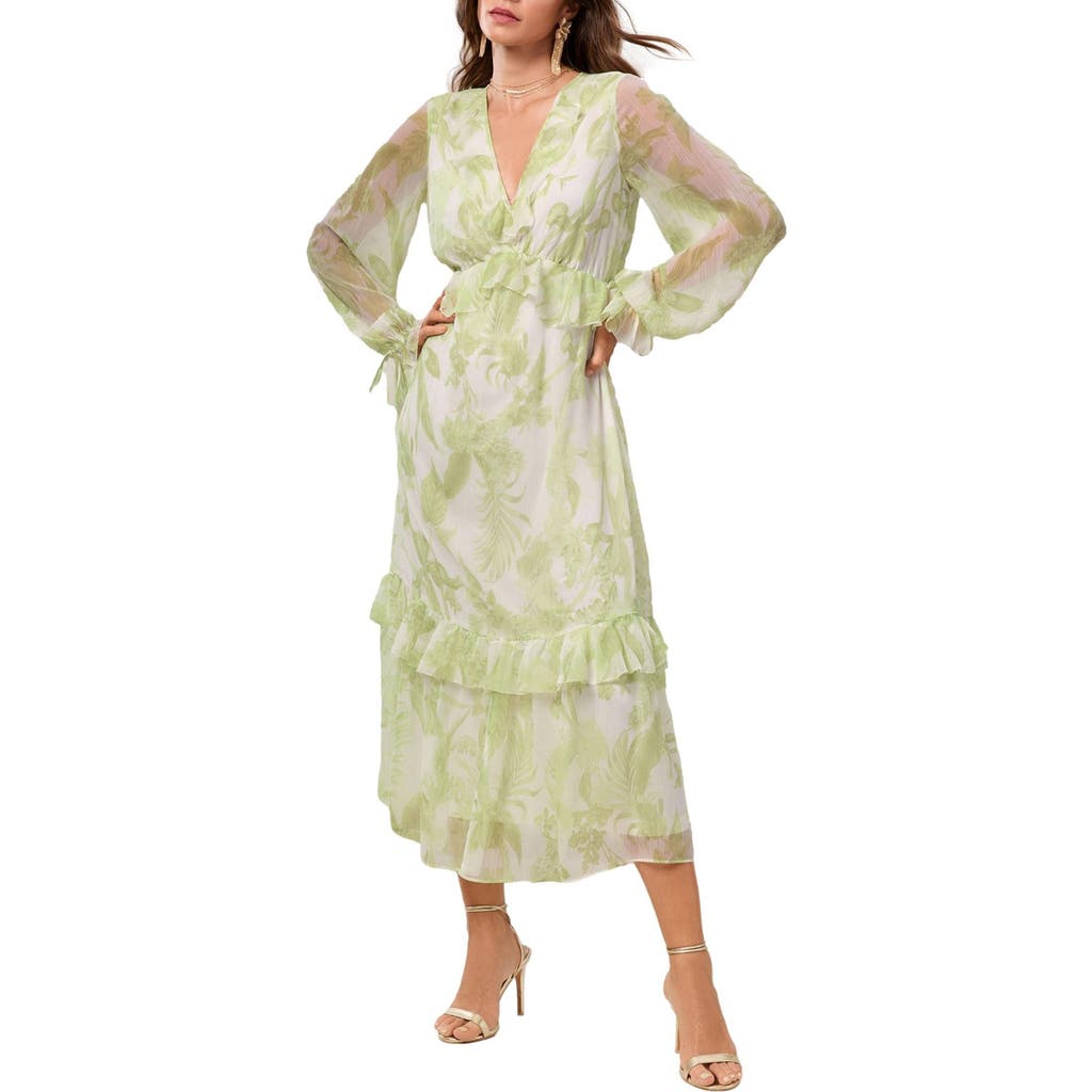Lipsy Long Sleeve Floral Print Chiffon Dress In Green