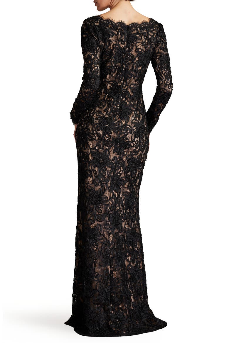 Lace Plunge Neck Long Sleeve Gown, Alternate, color, BLACK/ NUDE