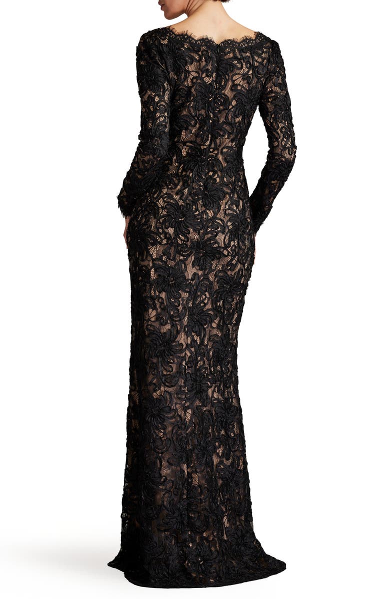 SHO by Tadashi Shoji Lace Plunge Neck Long Sleeve Gown, Alternate, color, Black/ Nude