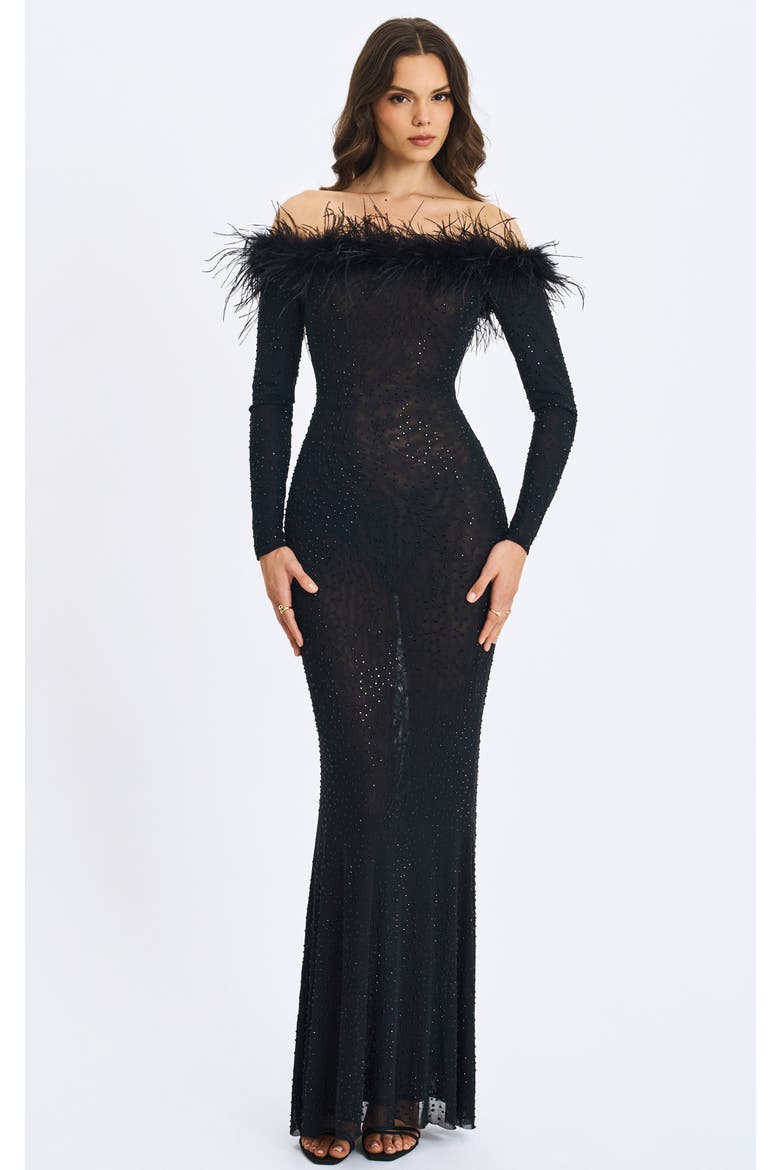 Emberly Fur Trimmed Off-Shoulder Rhinestone Mesh Mermaid Dress, Main, color, Black