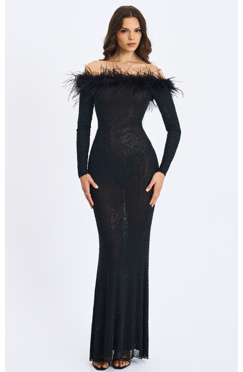 Miss Circle Emberly Fur Trimmed Off-Shoulder Rhinestone Mesh Mermaid Dress, Main, color, Black