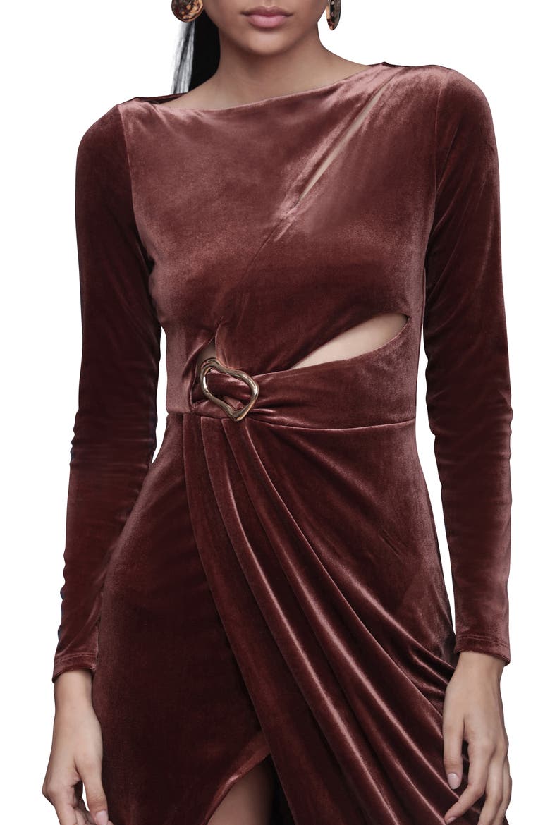 Pleated Cutout Long Sleeve Velvet Maxi Dress, Alternate, color, CHOCOLATE BROWN