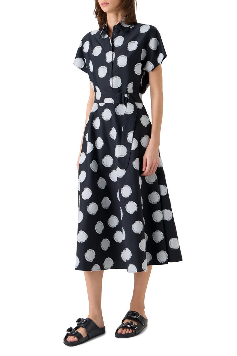 Fringed Fil Coupé Polka Dot Jacquard Belted A-Line Shirtdress, Alternate, color, BLACK-CREAM
