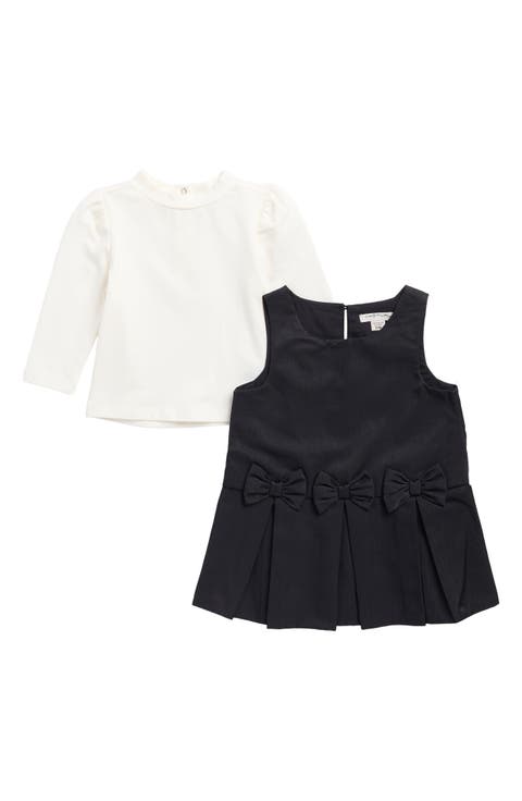 Mock Neck Tee & Bow Jumper Dress Set