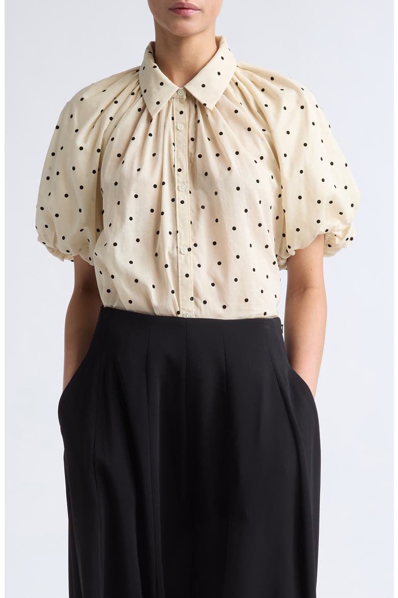 Charlie Flocked Polka Dot Cotton Button-Up Shirt, Main, color, BLACK DOTS ON BEIGE