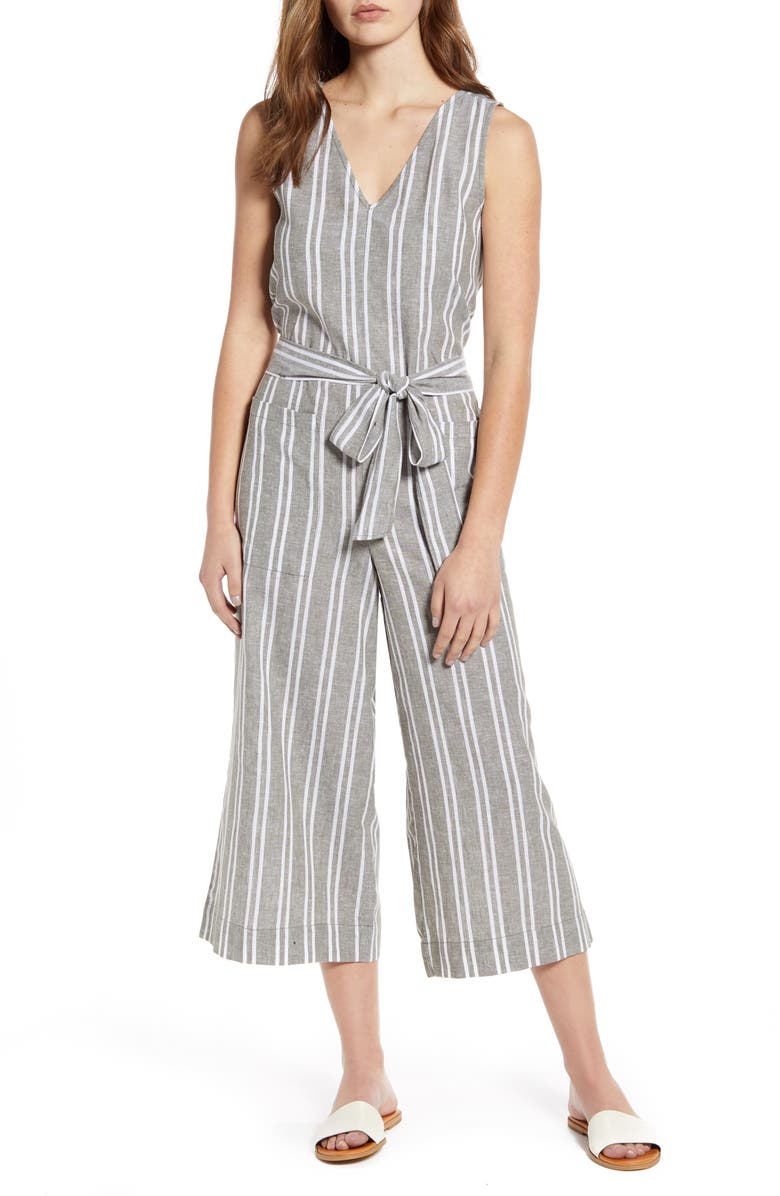 beachlunchlounge Lennon Tie Waist Linen & Cotton Jumpsuit, Main, color,