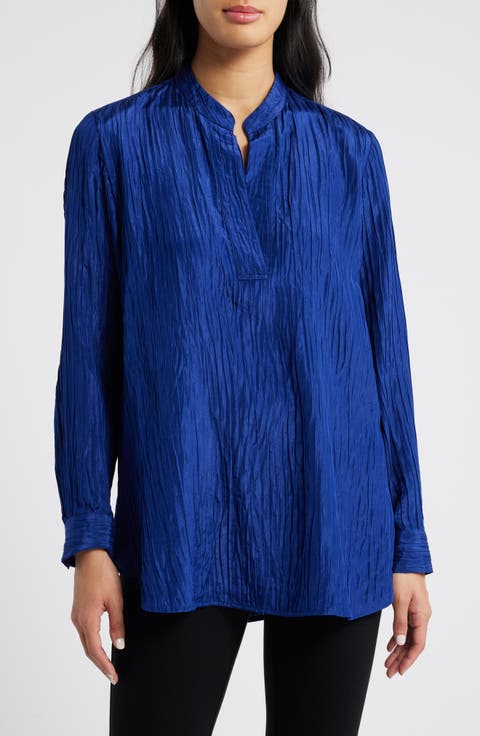 Mandarin Collar Textured Stretch Silk Tunic (Regular, Petite & Plus)