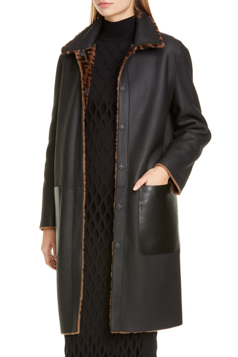 Reversible FF Logo Genuine Shearling Coat, Alternate, color, BLACK/ BROWN
