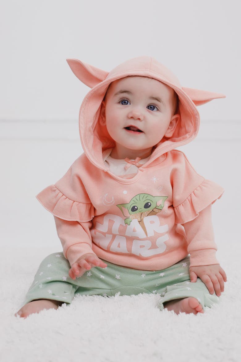 The Mandalorian Grogu 3-Piece Fleece Hoodie Bodysuit and Pants Set, Alternate, color, Grogu Peach Mint