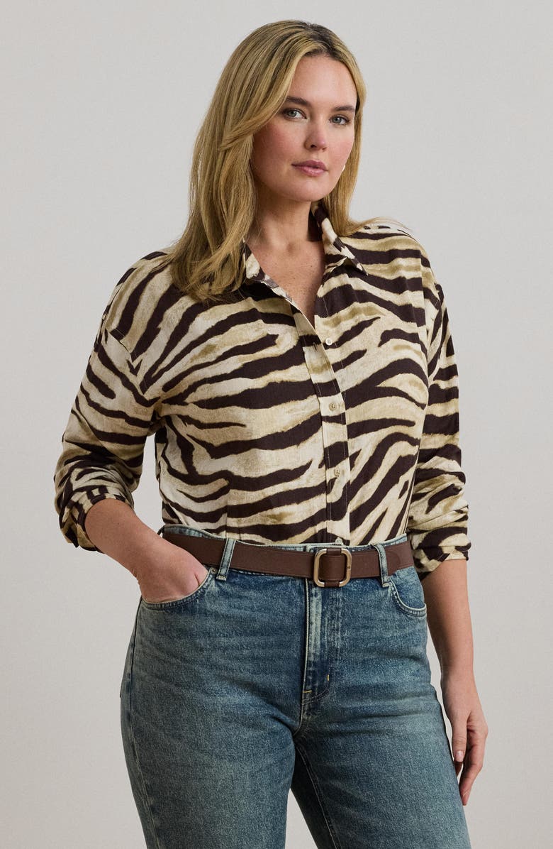 Lauren Ralph Lauren Zebra Stripe Relaxed Fit Linen Button-Up Shirt, Alternate, color,