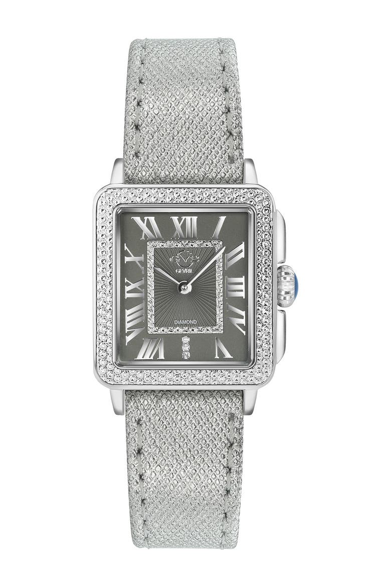 Padova Swiss Diamond Leather Watch, 28.5mm - 0.014 ctw, Main, color, GRAY