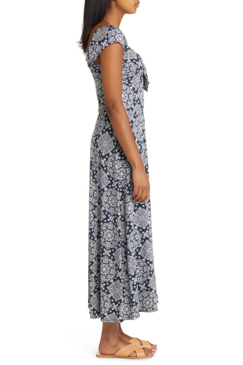 Tie Front Cap Sleeve A-Line Midi Dress, Alternate, color, NAVY/ IVORY