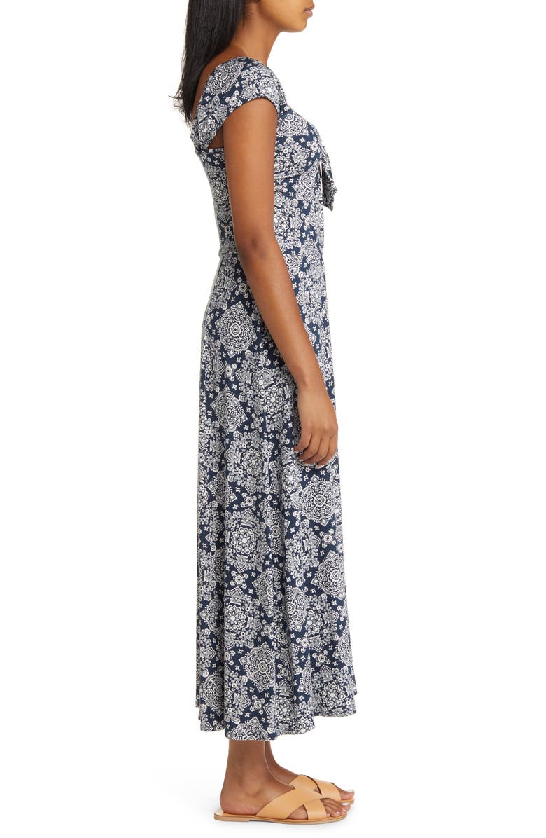 Loveappella Tie Front Cap Sleeve A-Line Midi Dress, Alternate, color, Navy/ Ivory