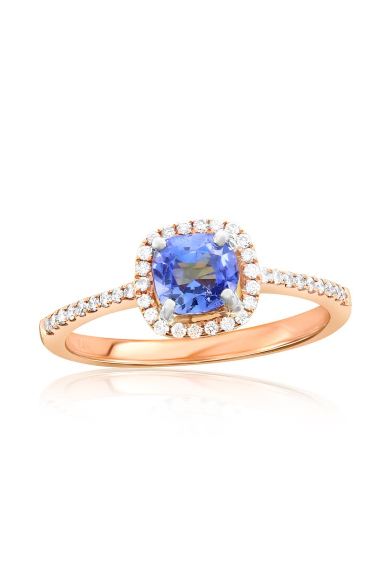 14K Rose Gold Tanzanite & Diamond Halo Ring, Main, color, Blue