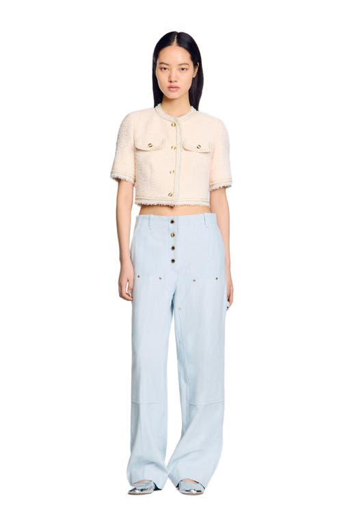Sandro Short-sleeved Tweed Jacket In Ecru/pink